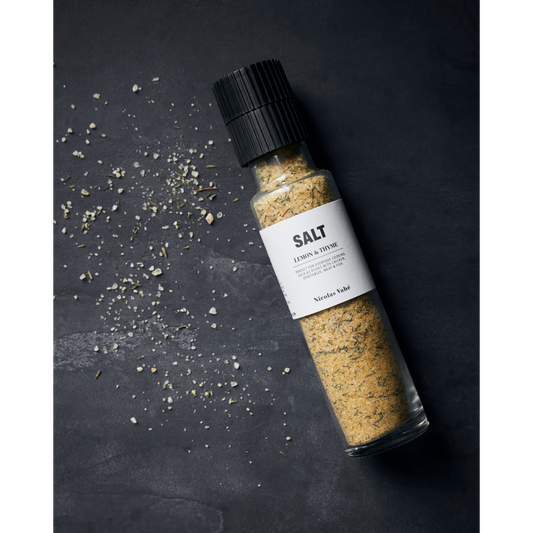Nicolas Vahé Meersalz mit Thymian/ Zitronengeschmack | Salz- und Kräutermühle aus Keramik | Französisches Meersalz in dänischem Design