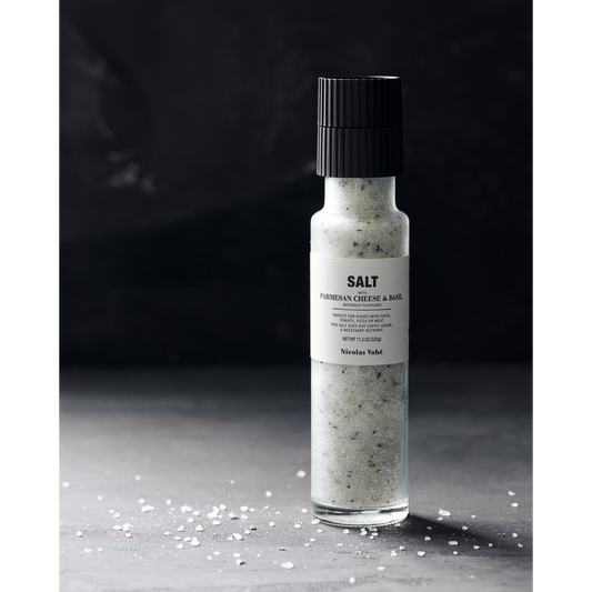 Nicolas Vahé Meersalz mit Parmesan und Basilikum | Salz- und Kräutermühle aus Glas | Dänisches Design mit Gourmet-Twist