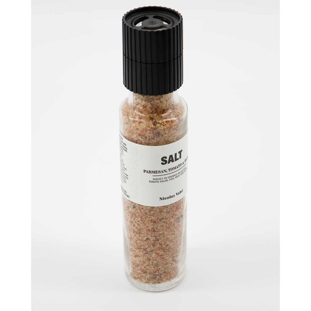 Nicolas Vahé Meersalz mit Parmesan, Tomate und Basilikum | Salz- und Kräutermühle aus Glas | Dänisches Design mit Gourmet-Twist